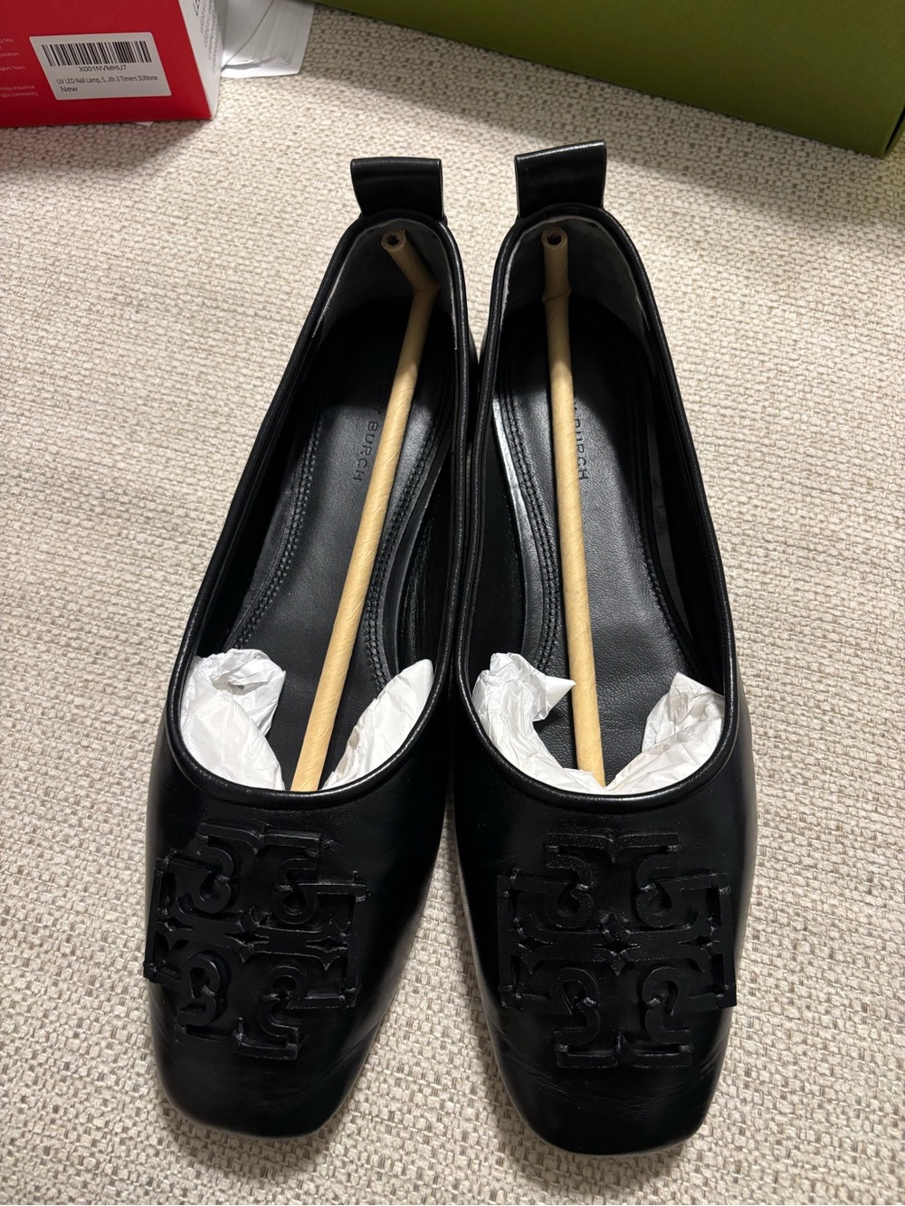 Tory Burch Black Leather Logo Ballet Flats